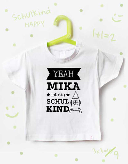 einschulung tshirt namen - rakete - weiß schwarz